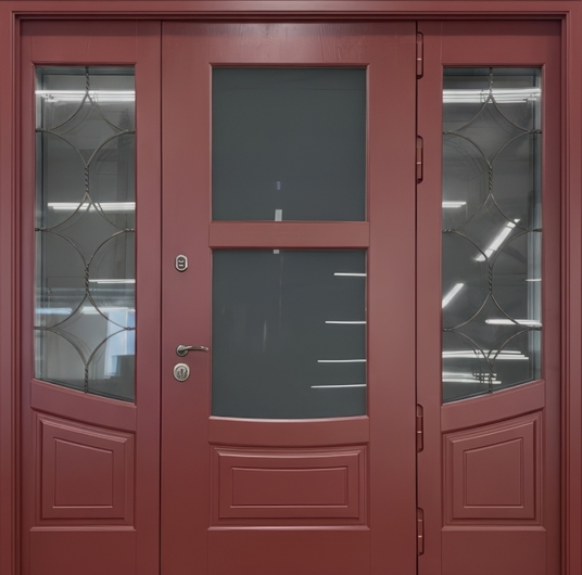 Остекленная входная группа с терморазрывом, ковкой по бокам и панелями МДФ с покраской эмалью