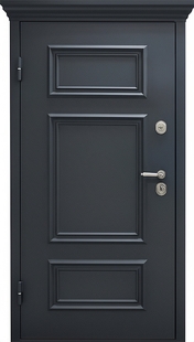 Уличная термодверь с карнизом, металлобагетом и черным полимерным покрытием